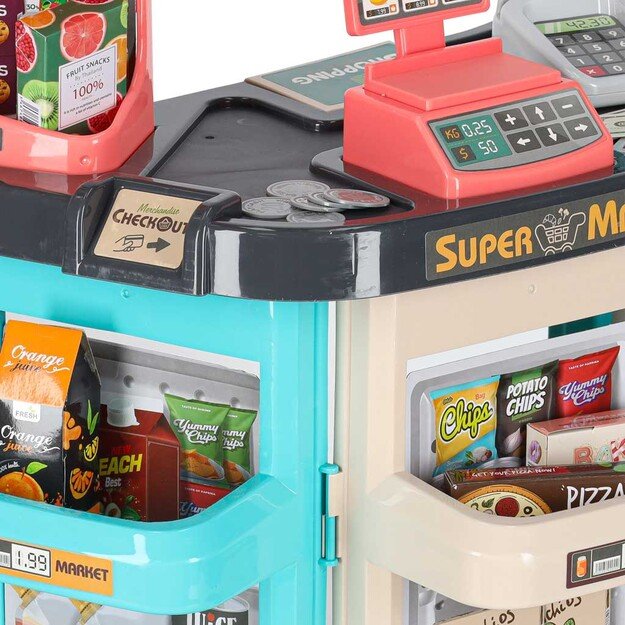 Vaikiška parduotuvė su kasos aparatu, vežimėliu ir priedais