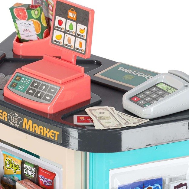 Vaikiška parduotuvė su kasos aparatu, vežimėliu ir priedais