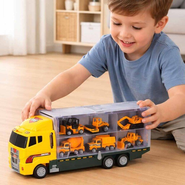 Sunkvežimis - garažas su statybiniais automobiliais / mašinomis