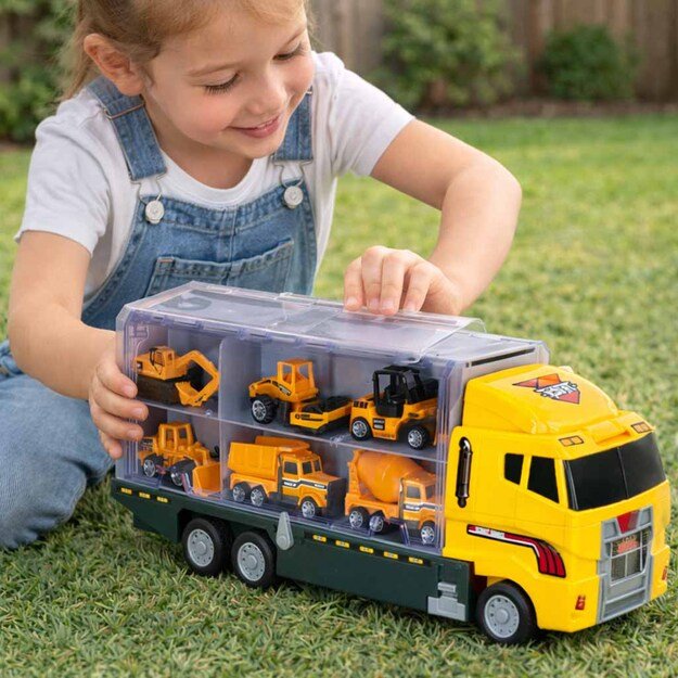 Sunkvežimis - garažas su statybiniais automobiliais / mašinomis