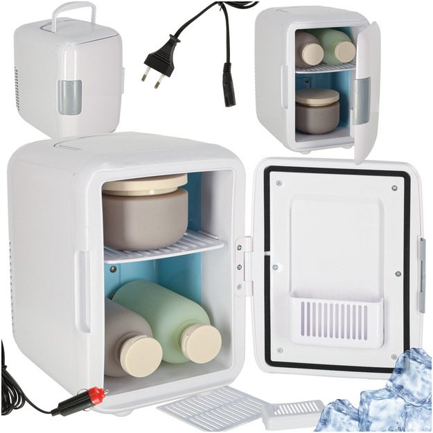 Elektrinis automobilinis mini kelioninis &scaron;aldytuvas maistui, kosmetikai, &scaron;ildymui, &scaron;aldymui 2in1, 4L, baltos spalvos
