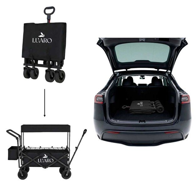 LUARO paplūdimio transportavimo vežimėlis sulankstomas su stogeliu ir tinkleliu, juodas