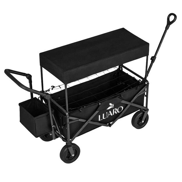 LUARO paplūdimio transportavimo vežimėlis sulankstomas su stogeliu ir tinkleliu, juodas