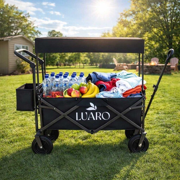 LUARO paplūdimio transportavimo vežimėlis sulankstomas su stogeliu ir tinkleliu, juodas