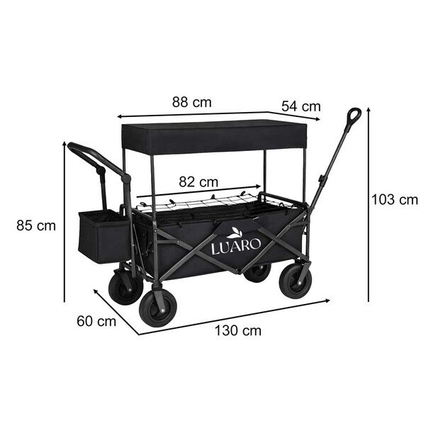 LUARO paplūdimio transportavimo vežimėlis sulankstomas su stogeliu ir tinkleliu, juodas