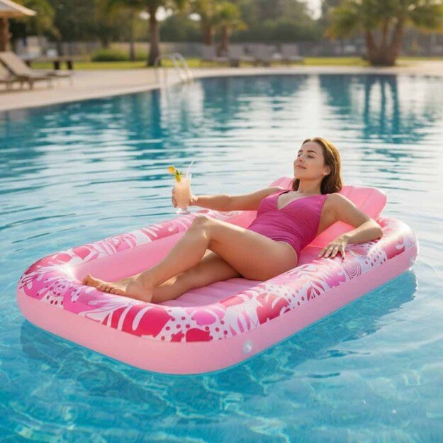 Pripučiamas plaukimo čiužinys, gultas su pagalvėle 175 cm rožinės spalvos