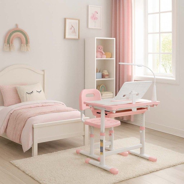 Vaiki&scaron;kas ra&scaron;omasis stalas su stalčiumi, kėdės lempa rožinės spalvos
