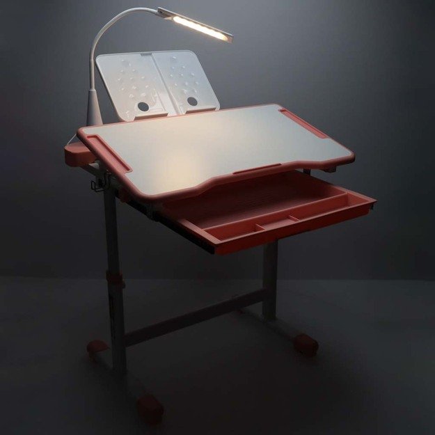 Vaiki&scaron;kas ra&scaron;omasis stalas su stalčiumi, kėdės lempa rožinės spalvos