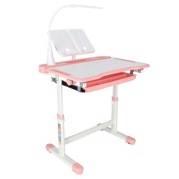 Vaiki&scaron;kas ra&scaron;omasis stalas su stalčiumi, kėdės lempa rožinės spalvos