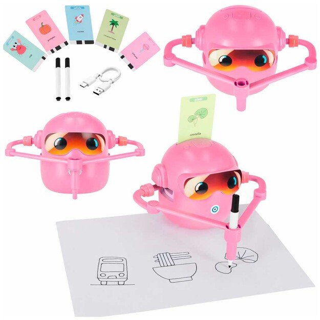 Interaktyvus mokomasis robotas-žaislas, mokantis pie&scaron;ti flomasteriais rožinės spalvos
