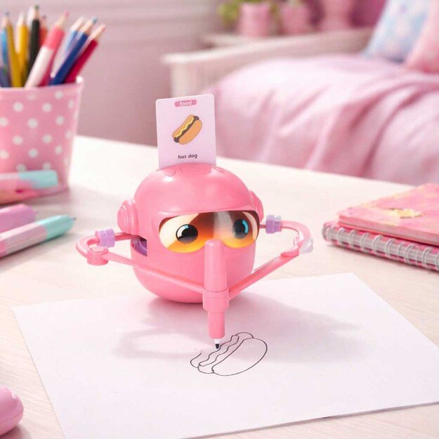 Interaktyvus mokomasis robotas-žaislas, mokantis pie&scaron;ti flomasteriais rožinės spalvos