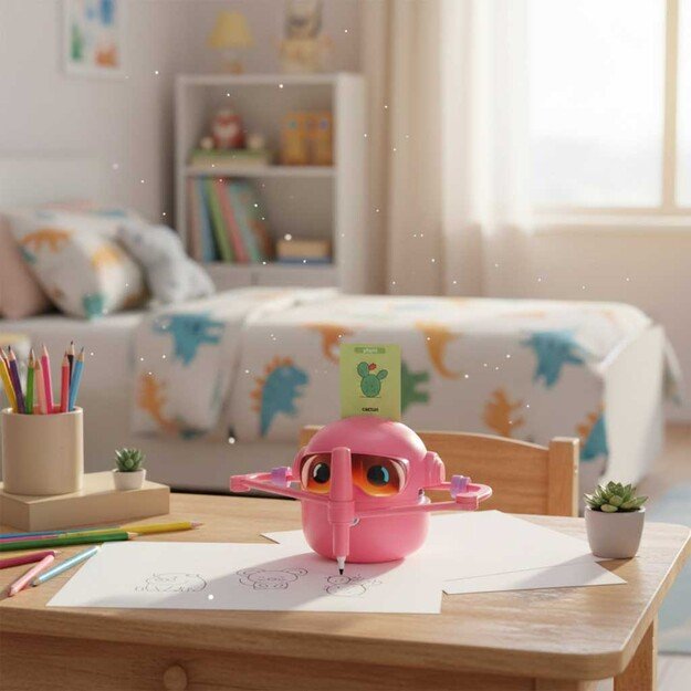 Interaktyvus mokomasis robotas-žaislas, mokantis pie&scaron;ti flomasteriais rožinės spalvos