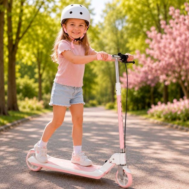 TRIKE FIX vaiki&scaron;kas dviejų ratų LED sulankstomas paspirtukas su dvigubais stabdžiais rožinės spalvos