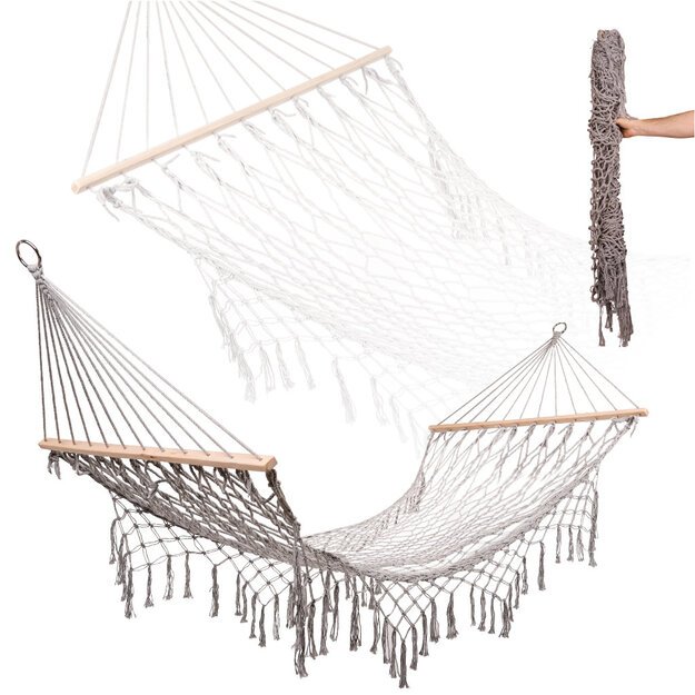 Sodo hamakas boho tinklelio kutai, kabantis gultais, makramė 200cm Pilka