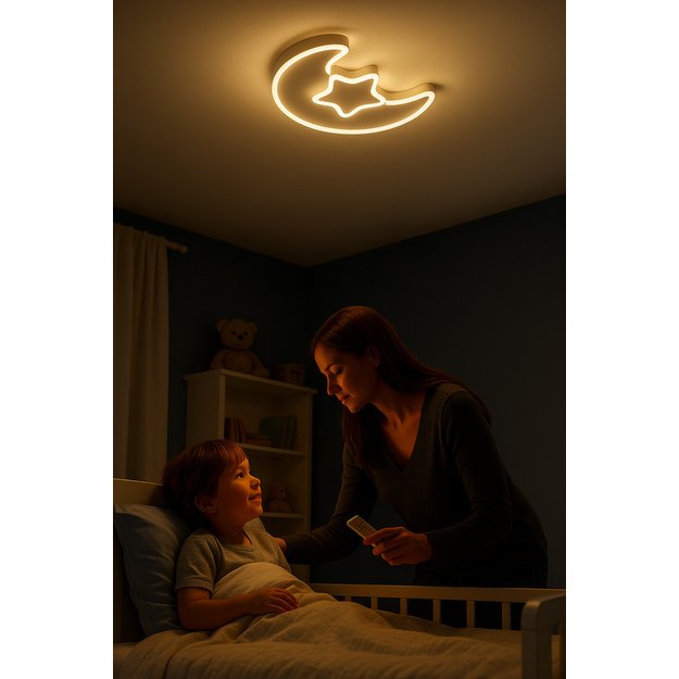 LED lubinis plafonas vaikų kambariui LUMELA + nuotolinio valdymo pultas mėnulio baltumo