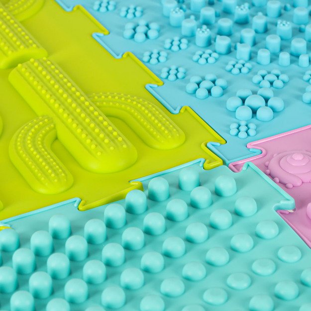 Sensorinis kilimėlis montessori pėdų masažo dėlionė 8 dalių pastelinės spalvos