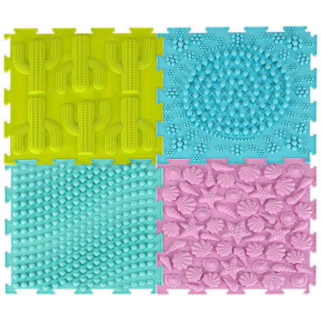 Sensorinis kilimėlis montessori pėdų masažo dėlionė 8 dalių pastelinės spalvos