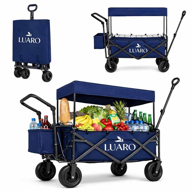 LUARO paplūdimio transportavimo vežimėlis sulankstomas su stogeliu ir tinkleliu tamsiai mėlyna