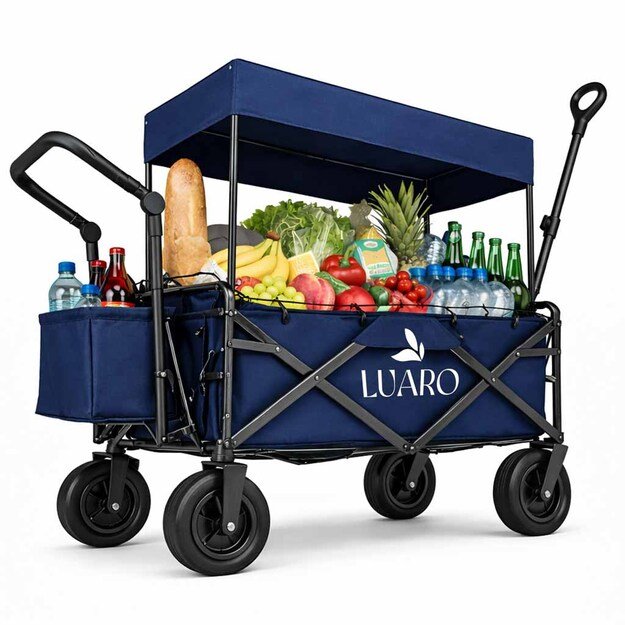 LUARO paplūdimio transportavimo vežimėlis sulankstomas su stogeliu ir tinkleliu tamsiai mėlyna
