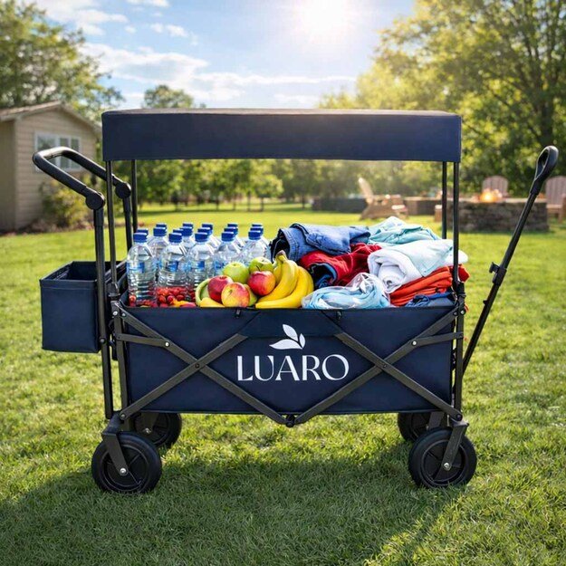 LUARO paplūdimio transportavimo vežimėlis sulankstomas su stogeliu ir tinkleliu tamsiai mėlyna