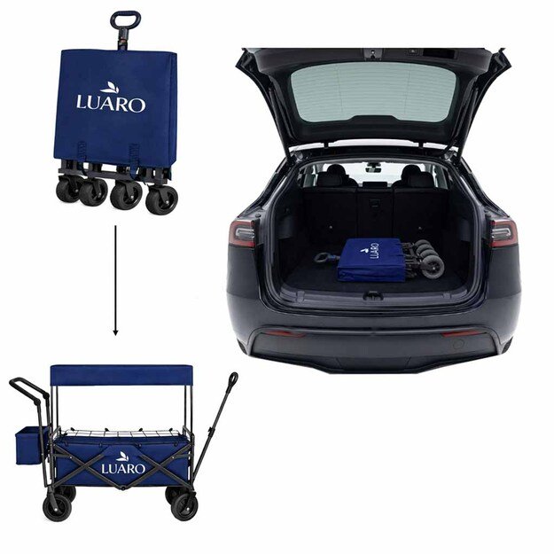 LUARO paplūdimio transportavimo vežimėlis sulankstomas su stogeliu ir tinkleliu tamsiai mėlyna