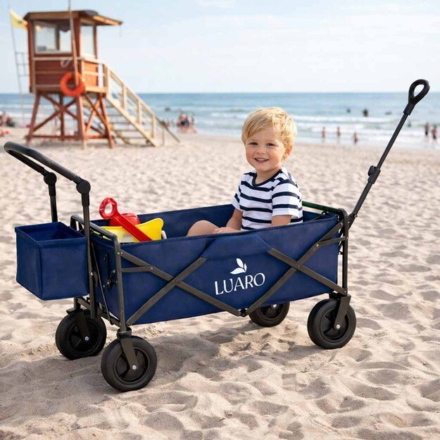 LUARO paplūdimio transportavimo vežimėlis sulankstomas su stogeliu ir tinkleliu tamsiai mėlyna