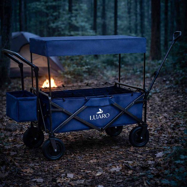 LUARO paplūdimio transportavimo vežimėlis sulankstomas su stogeliu ir tinkleliu tamsiai mėlyna