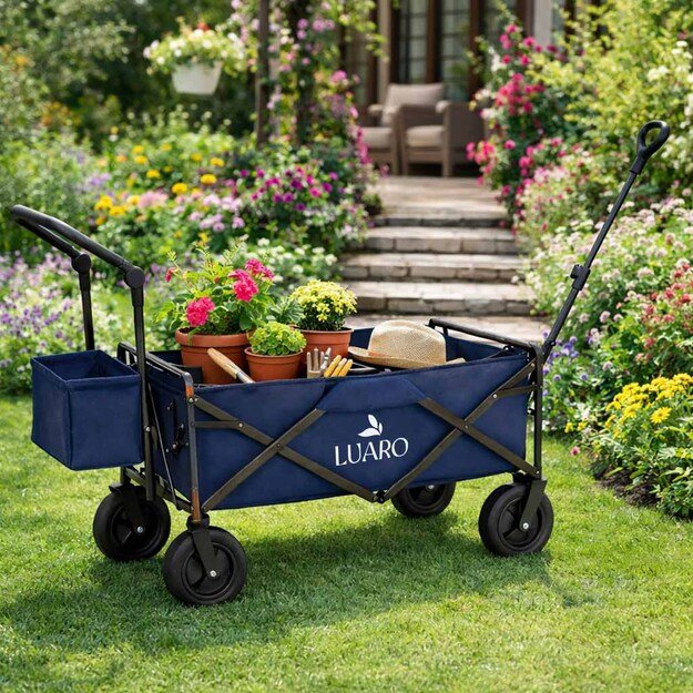 LUARO paplūdimio transportavimo vežimėlis sulankstomas su stogeliu ir tinkleliu tamsiai mėlyna