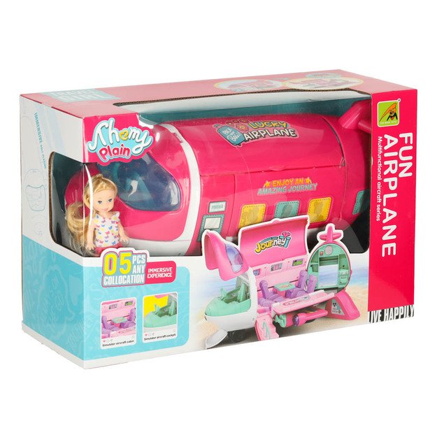 Keleivinis lėktuvas lėlėms 2in1 sulankstomi priedai rožinės spalvos