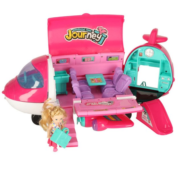 Keleivinis lėktuvas lėlėms 2in1 sulankstomi priedai rožinės spalvos