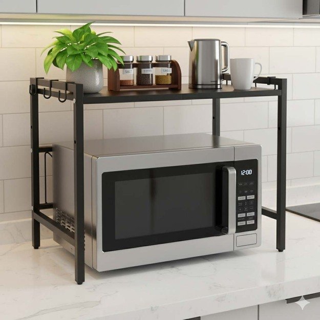 Virtuvės lentyna vir&scaron; mikrobangų krosnelės reguliuojamas metalinis organizatorius 6 pakabos