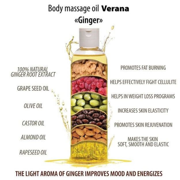 Natūralus imbierinis kūno masažo aliejus su anticeliulitiniu poveikiu Verana 250ml