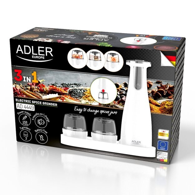Adler AD 4449w 3 prieskonių malūnėlių rinkinys pipirų malūnėlis druskos kratytuvas pipirų kratytuvas elektrinis USB -C 1500 mAh