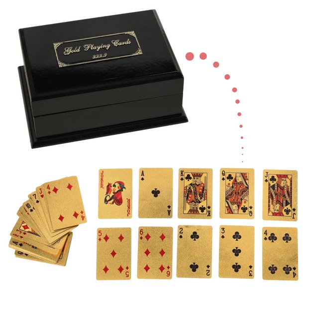 Auksinės plastikinės žaidimo kortos dekoratyvinėje dėžutėje