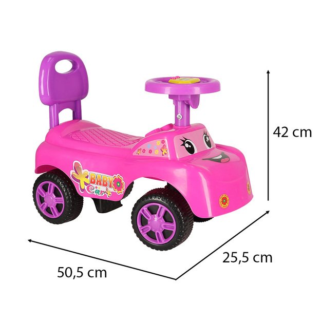 Automobilinis vežimėlis šypsosi su rageliu rožinės spalvos