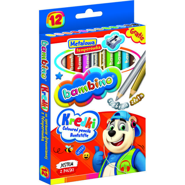BAMBINO Mediniai pieštukai su rėmeliu 12 spalvų + galąstuvas