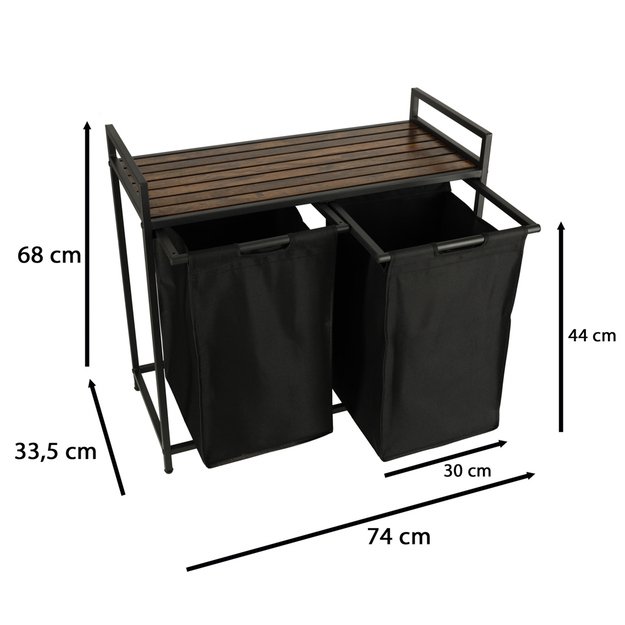 Dviejų skyrių skalbinių krepšys su medine stalviršio lentyna kaimiškas LOFT juodas