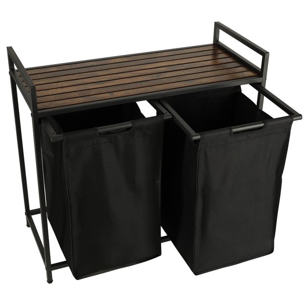 Dviejų skyrių skalbinių krepšys su medine stalviršio lentyna kaimiškas LOFT juodas