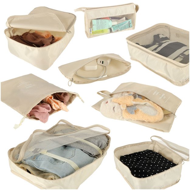 Lagaminų organizatoriai kelionių rinkinys 8 dalių drabužių laikymo reikmenys vandeniui atsparūs krepšiai makiažo krepšys batų krepšys smėlio spalvos