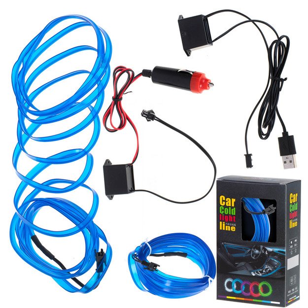 LED aplinkos apšvietimas automobiliui / automobilio USB / 12V juosta 3 m mėlyna