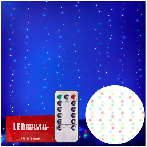 LED užuolaidų apšvietimas 3x3m 300LED multicolour