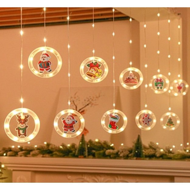 LED žibintai Kalėdų paveikslo užuolaida apskritimais 3 m 10 lempučių, valdomų baterijomis nuotolinio valdymo pultas