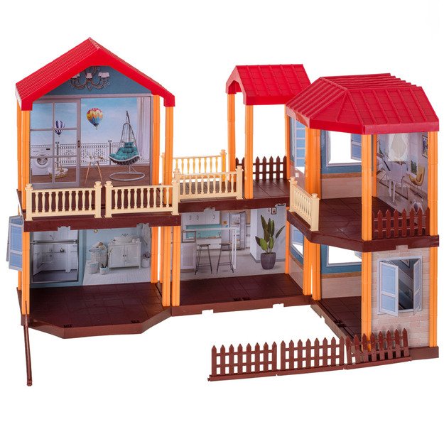 Lėlių namelis willa raudonas stogas apšvietimas + baldai ir lėlės