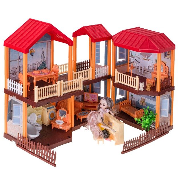 Lėlių namelis willa raudonas stogas apšvietimas + baldai ir lėlės