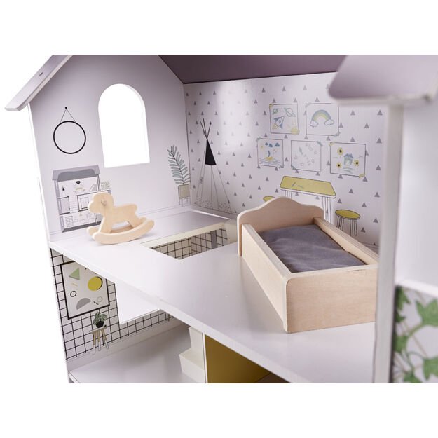 Medinis lėlių namelis + baldai 70cm pilkos spalvos
