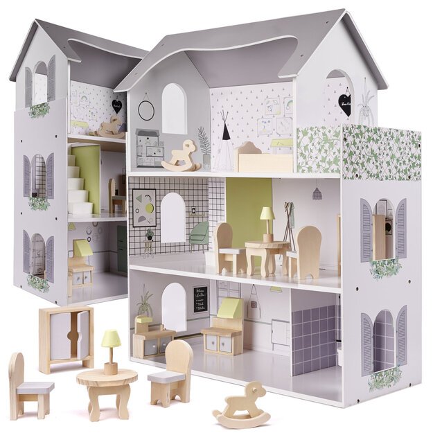 Medinis lėlių namelis + baldai 70cm pilkos spalvos