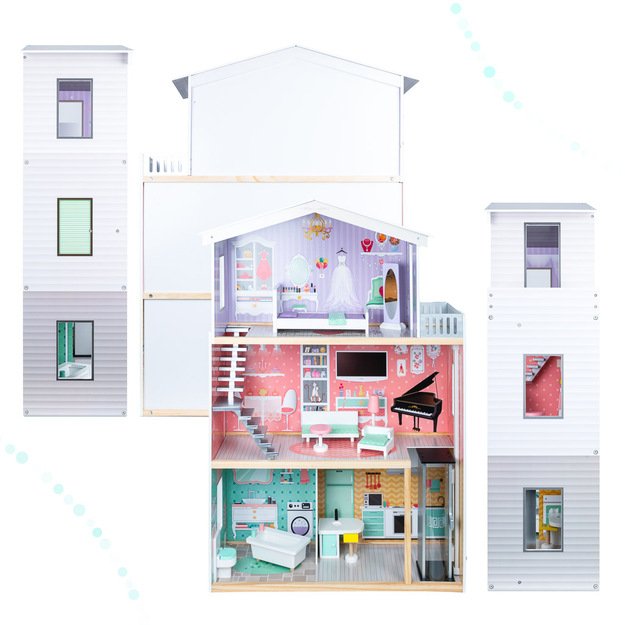 Medinis lėlių namelis + baldai pastelinės spalvos 117cm