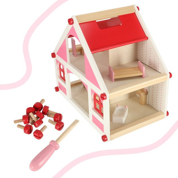 Medinis lėlių namelis baltos ir rožinės spalvos + baldai 36cm