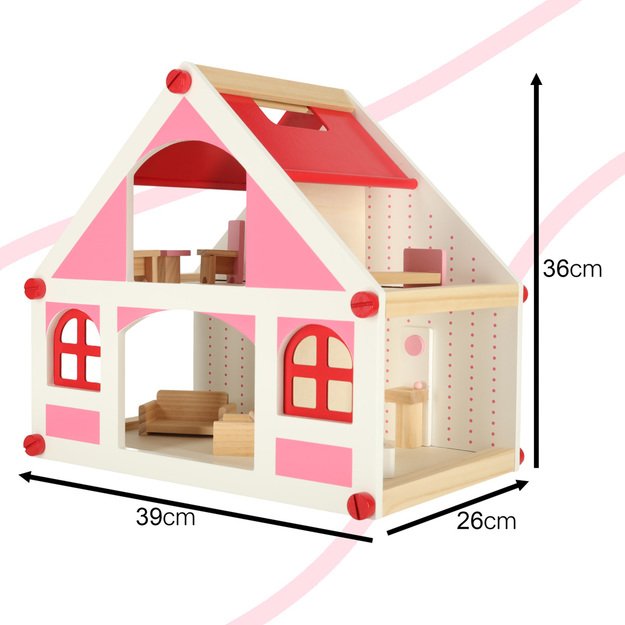 Medinis lėlių namelis baltos ir rožinės spalvos + baldai 36cm