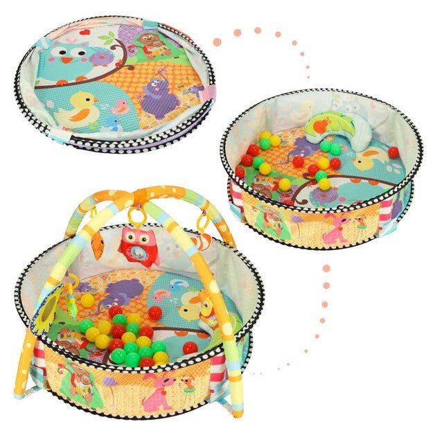 Mokomasis žaidimų kilimėlis kūdikiams, skirtas žaislinėms lovytėms su barškučiais ir kamuoliukais